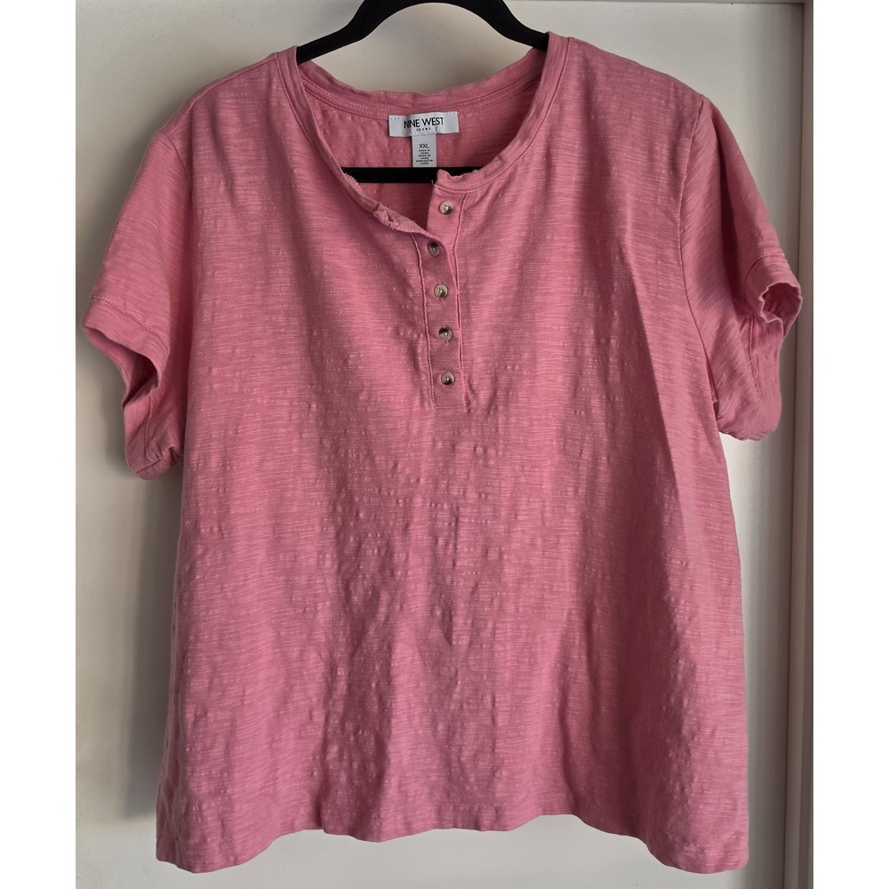 Nine West T-Shirt Women XXL Pink Solid Cotton Casual Short Sleeve Tee Top